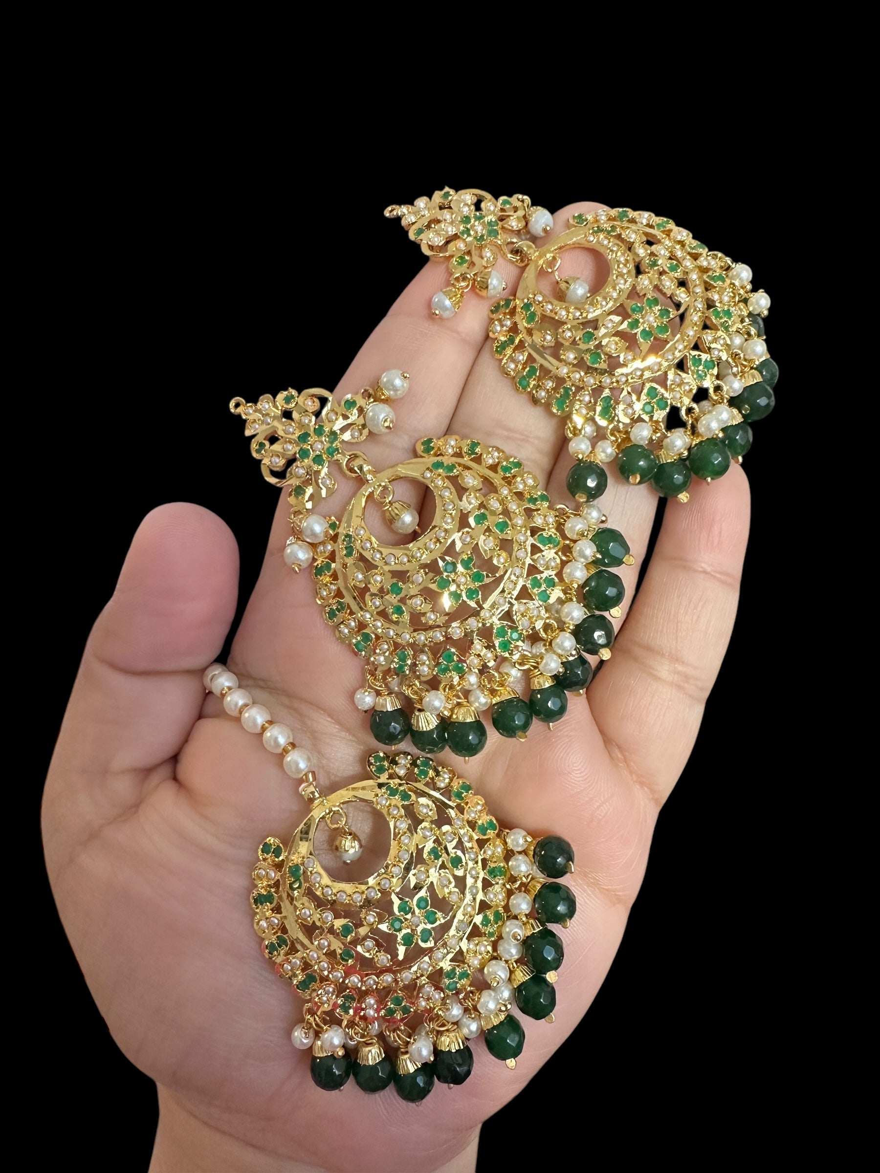 Dafiya Gold Plated emerald Chandbali Earrings & Tika Set | Ready to Ship | Deccan Jewelry