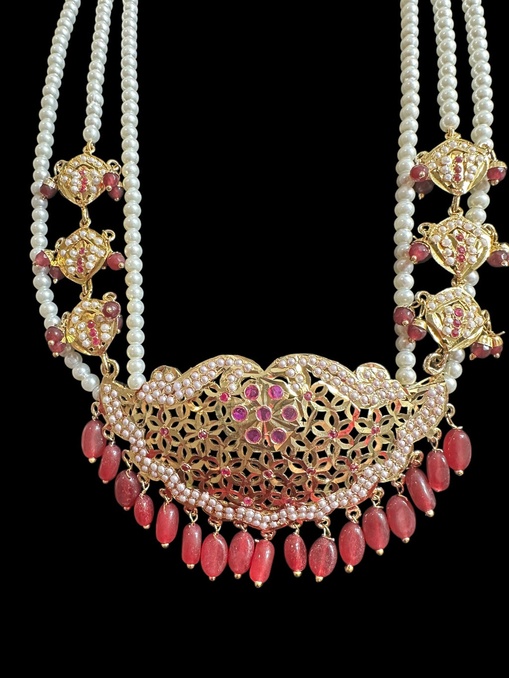 DLN93 Saba long jadau mala with pearls and ruby combination ( READY TO SHIP )