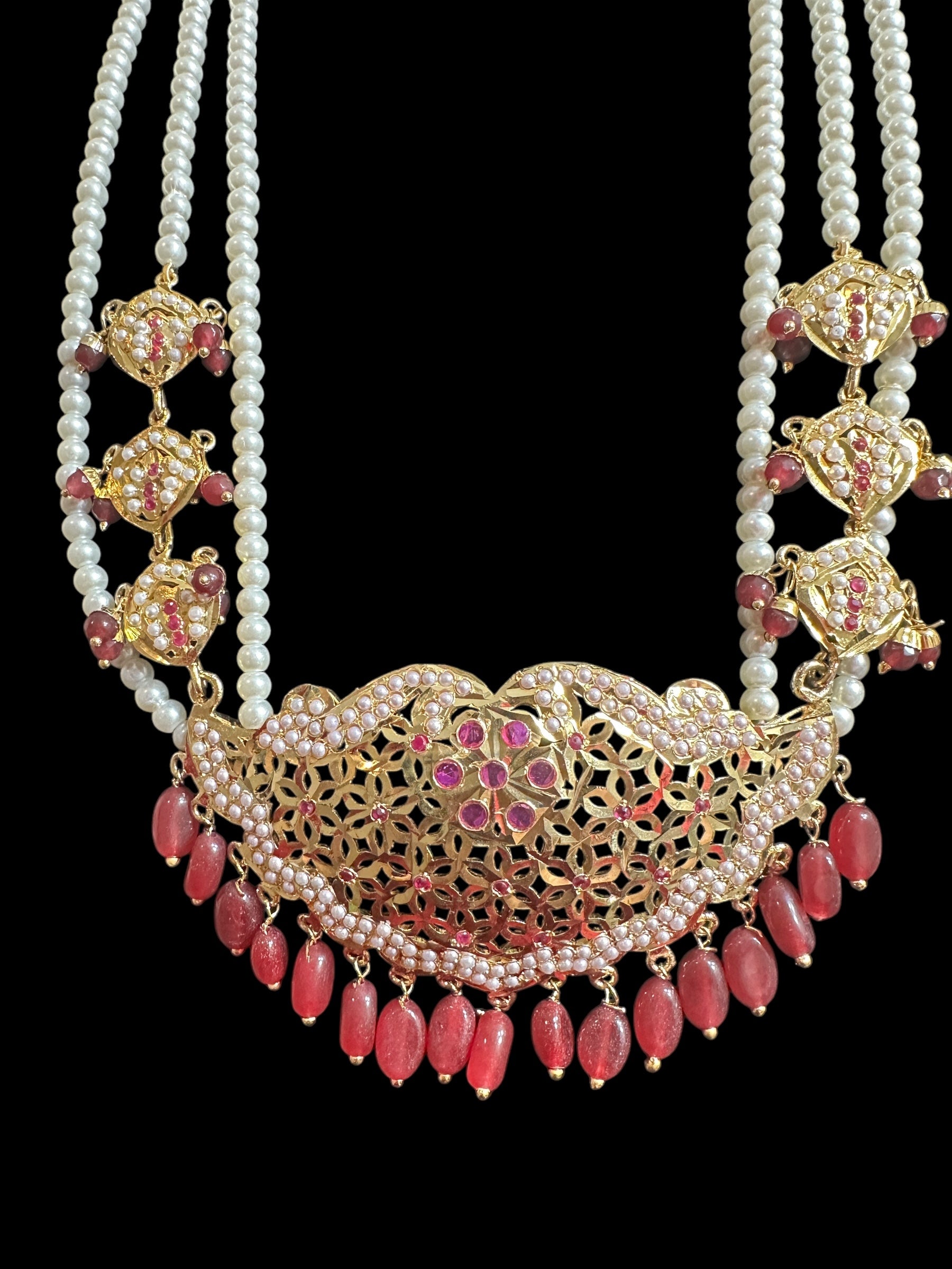 DLN93 Saba long jadau mala with pearls and ruby combination ( READY TO SHIP )