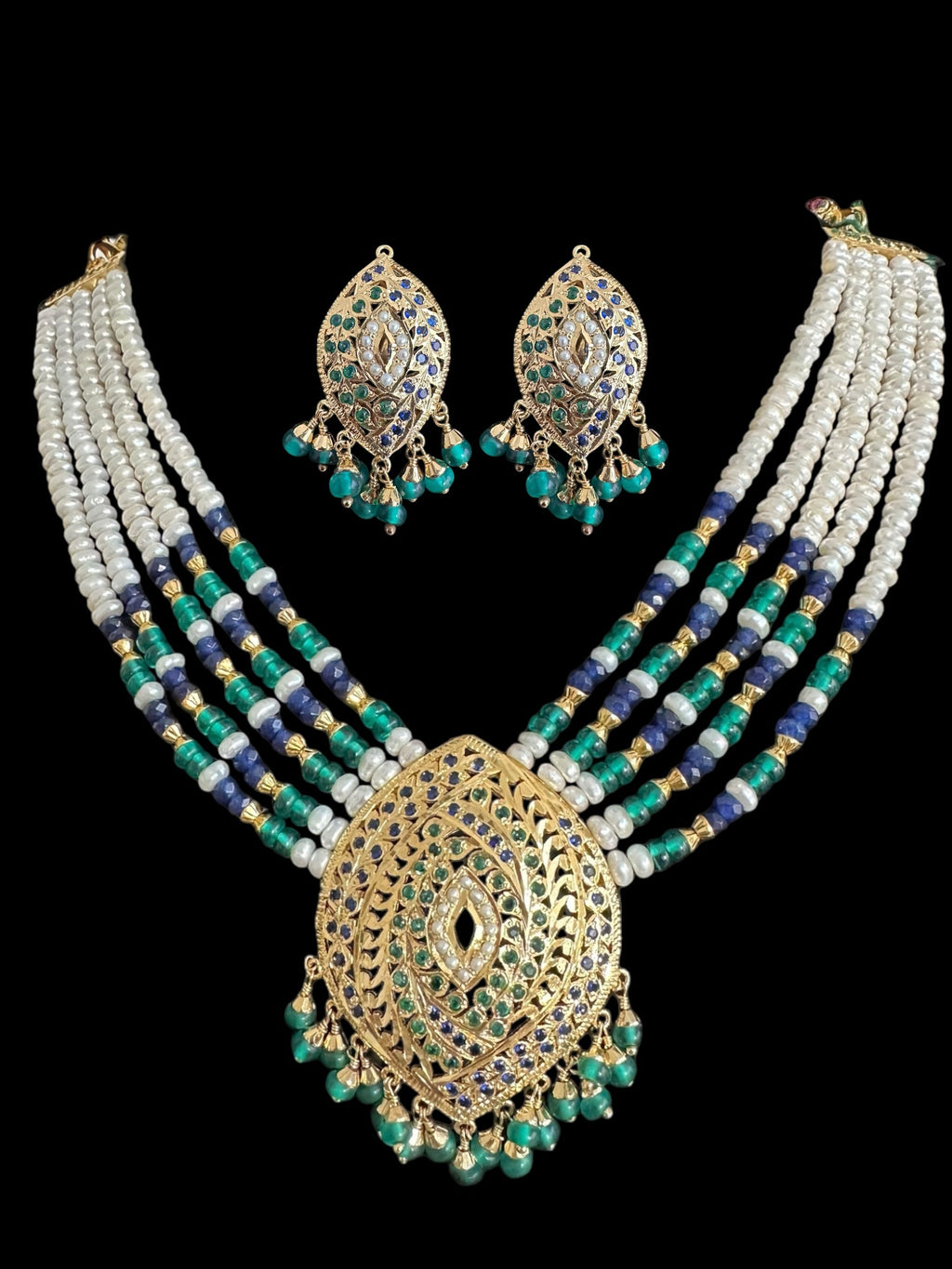 Emerald sapphire pearl jadau silver necklace set with gold plating ( READY TO SHIP )