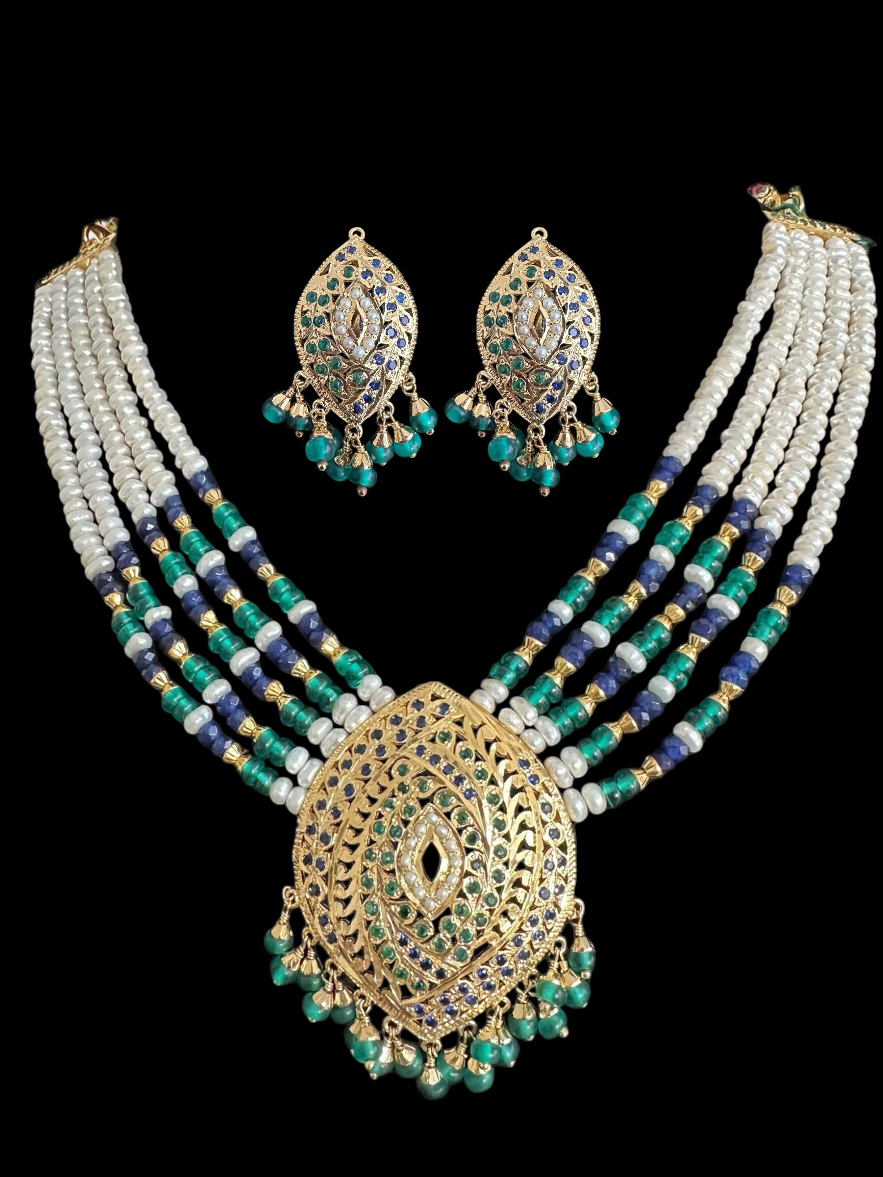Emerald sapphire pearl jadau silver necklace set with gold plating ( READY TO SHIP )
