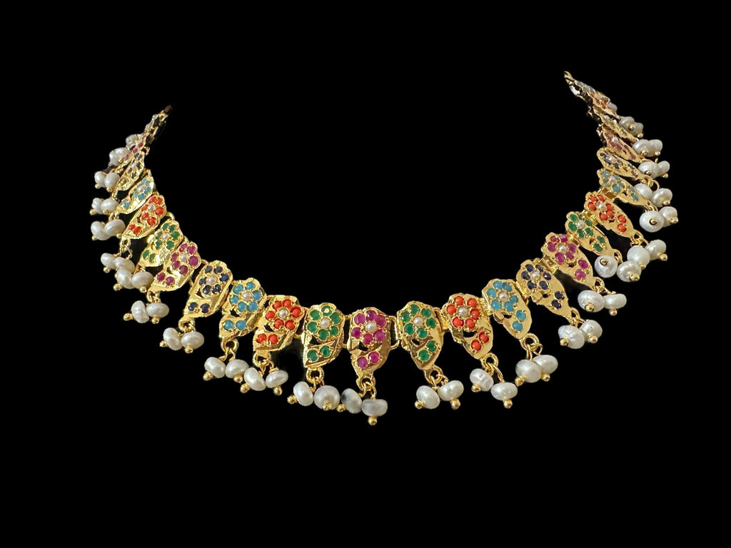 DNS195  Navratan jadau necklace set in fresh water pearls  ( READY TO SHIP )