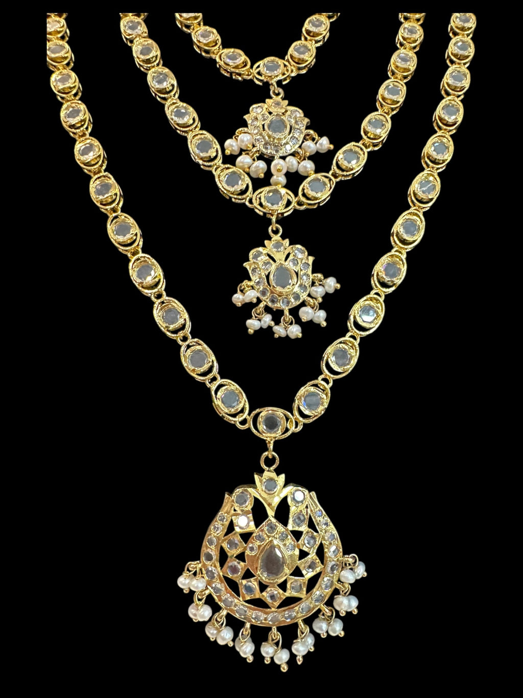 SAT105 Mallika hyderabadi three layer necklace set in fresh water pearls ( READY TO SHIP )