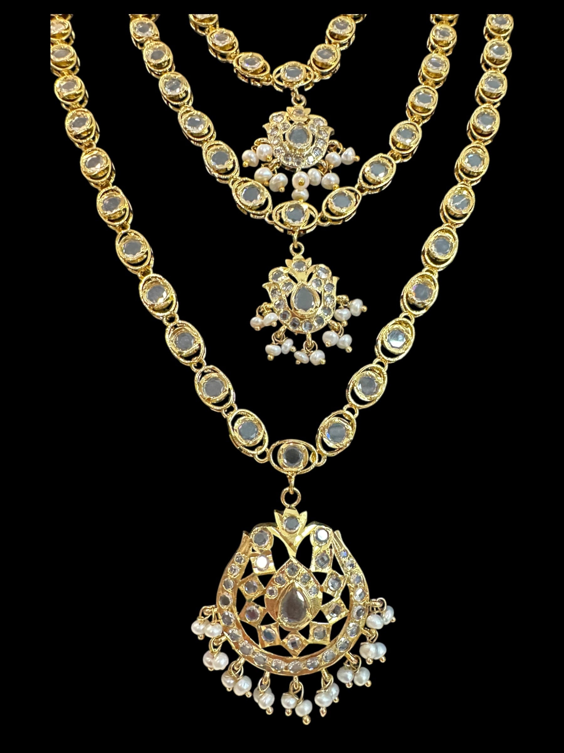 SAT105 Mallika hyderabadi three layer necklace set in fresh water pearls ( READY TO SHIP )