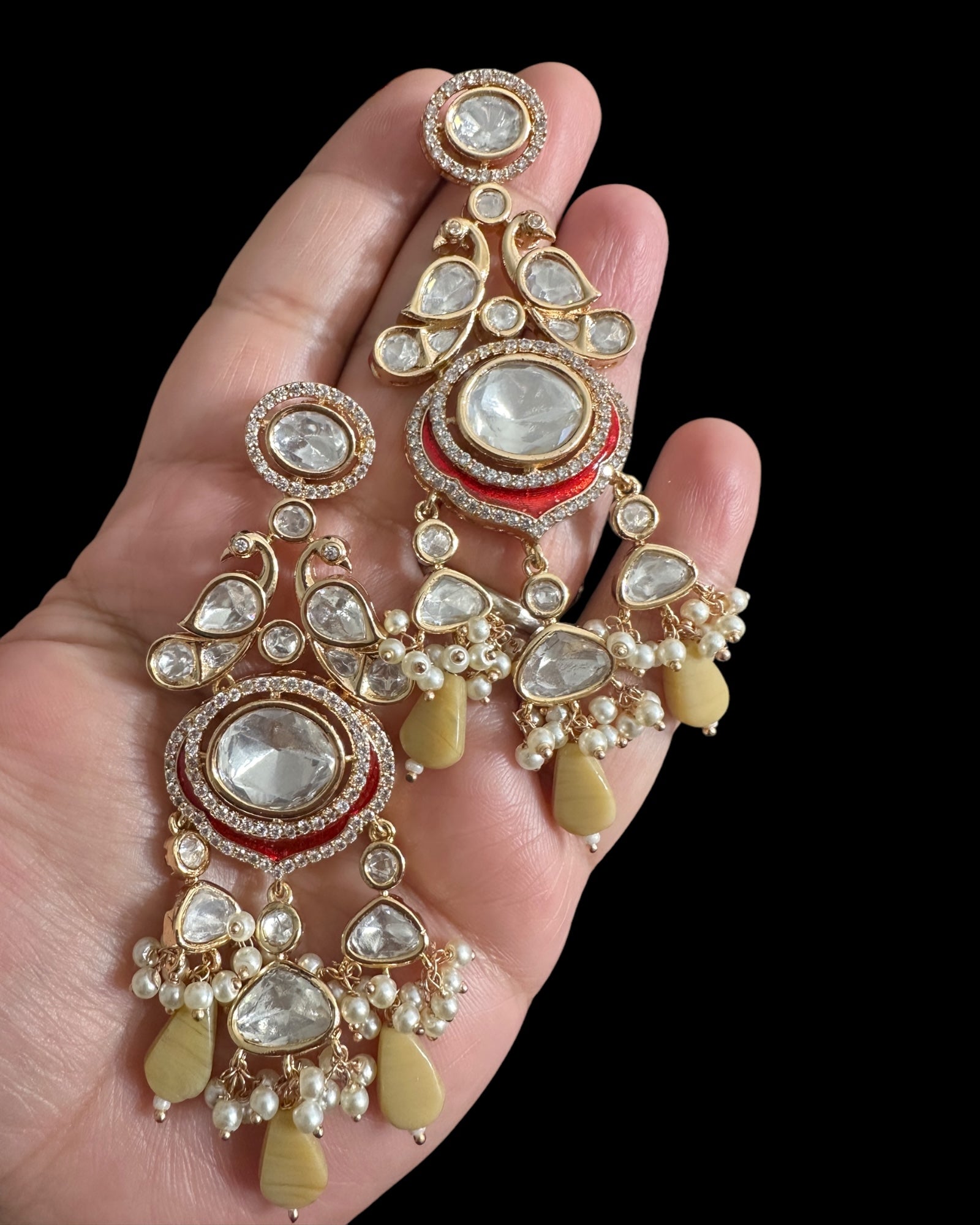 DER784 Polki dangler earrings - beige/red ( READY TO SHIP )