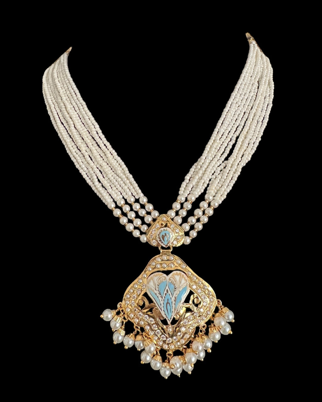 DNS191 punjabi Jadau necklace  set - mint blue&pearl    (READY TO SHIP)