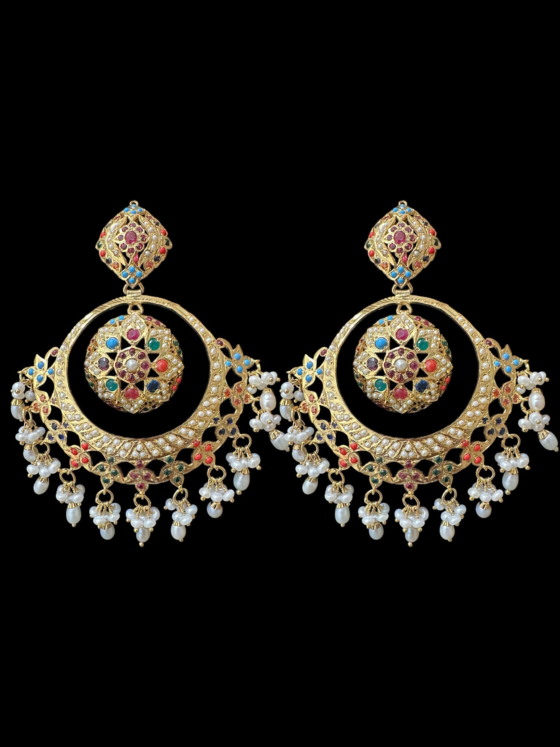 92.5 Silver Gold-Plated Earrings in Navratan with Freshwater Pearls – Handcrafted Jadau chandbali 
(READY TO SHIP )