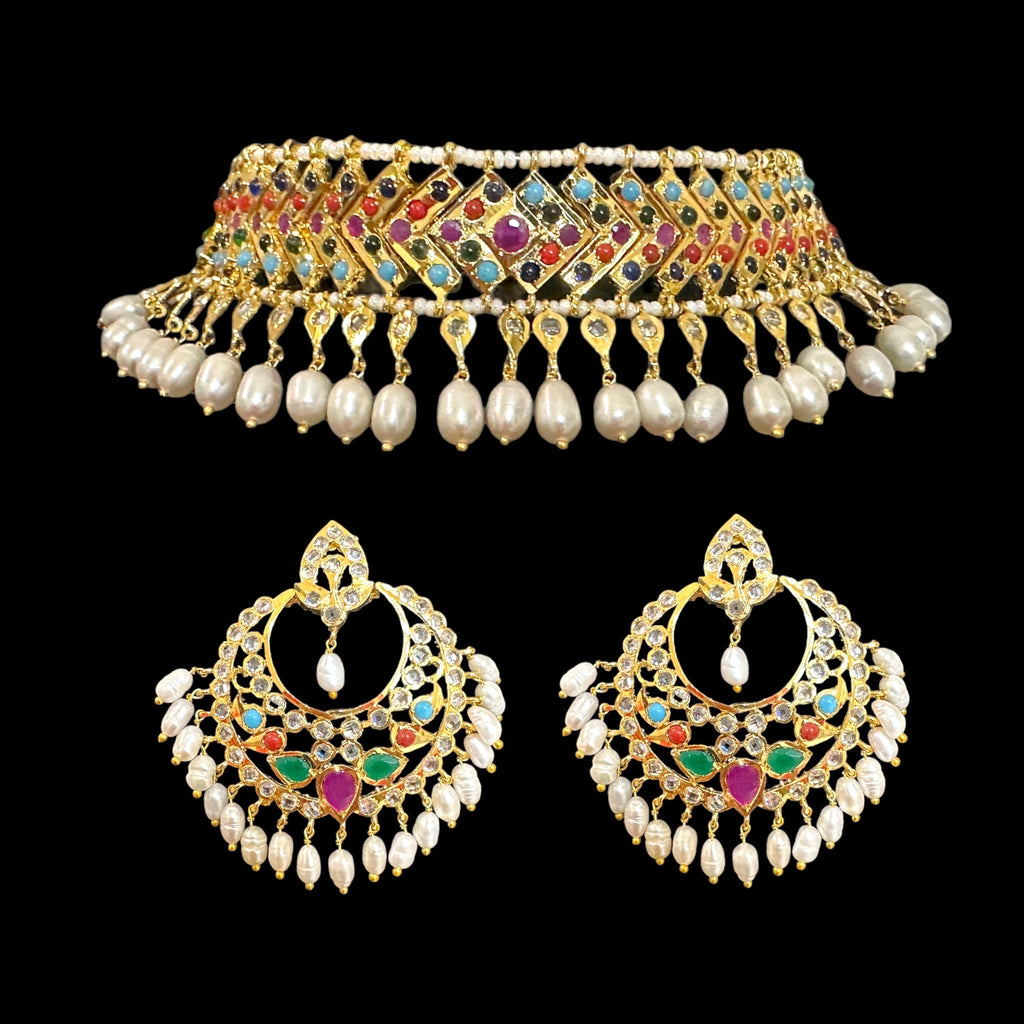 C295 MAHIRA v set in fresh water pearls- Navratan  (READY TO SHIP)