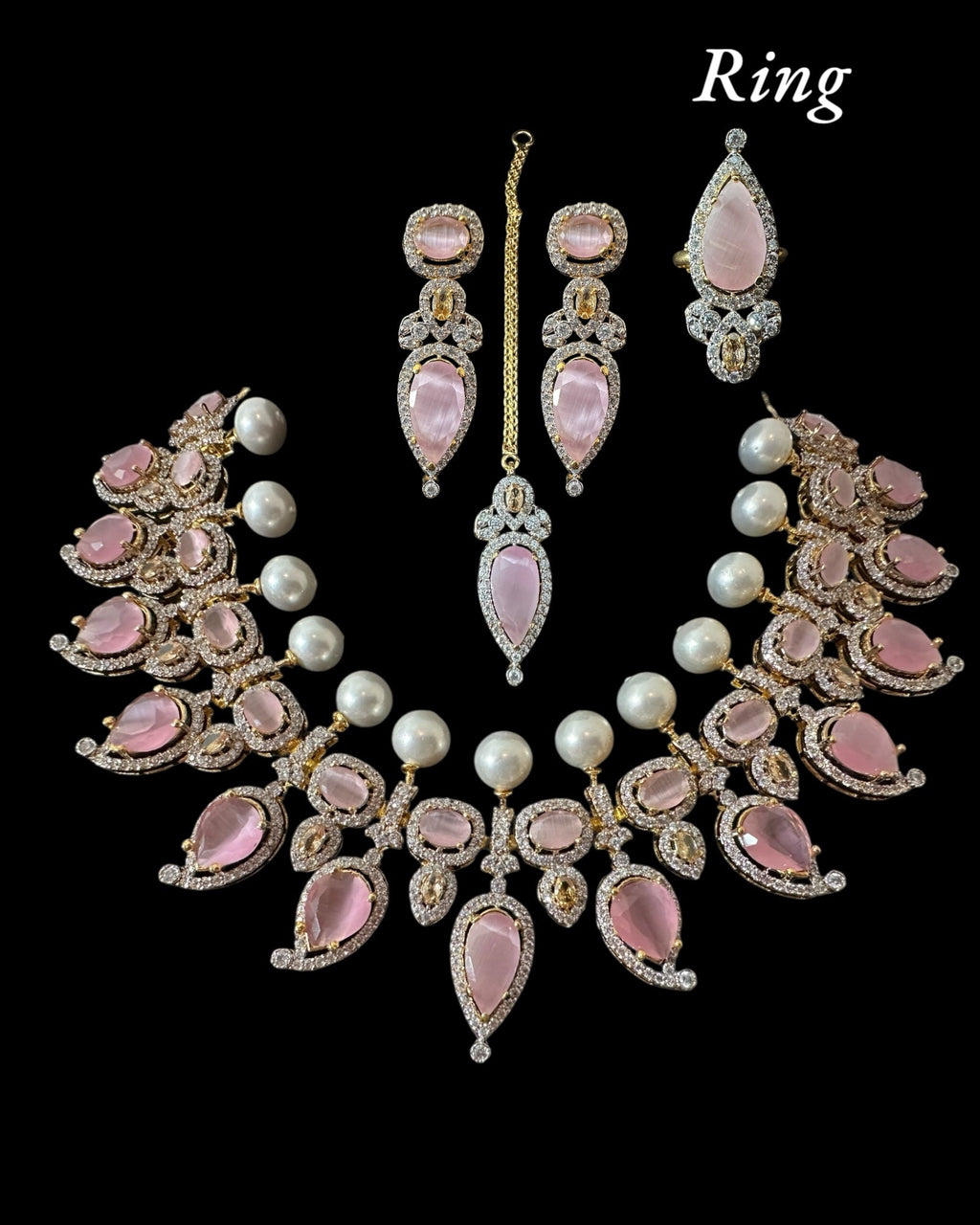 BR462  Anmol necklace set in pink( rose quartz ), Cats eye and pearls ( SHIPS IN 4 WEEKS )