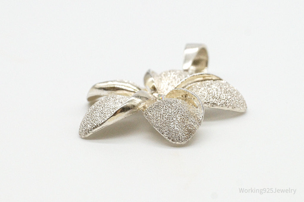 Large Vintage Cubic Zirconia Flower Sterling Silver Pendant