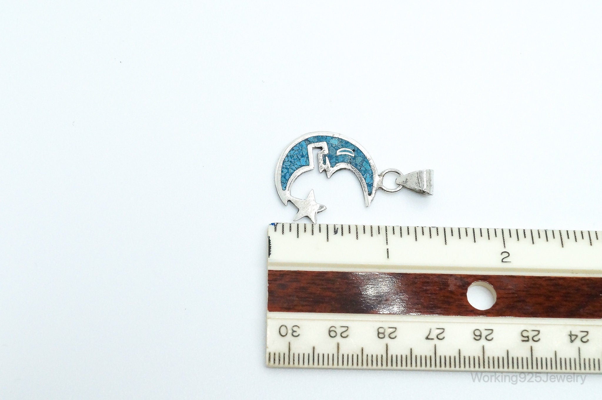 Large Vintage Mexico Turquoise Sterling Silver Moon Necklace Pendant