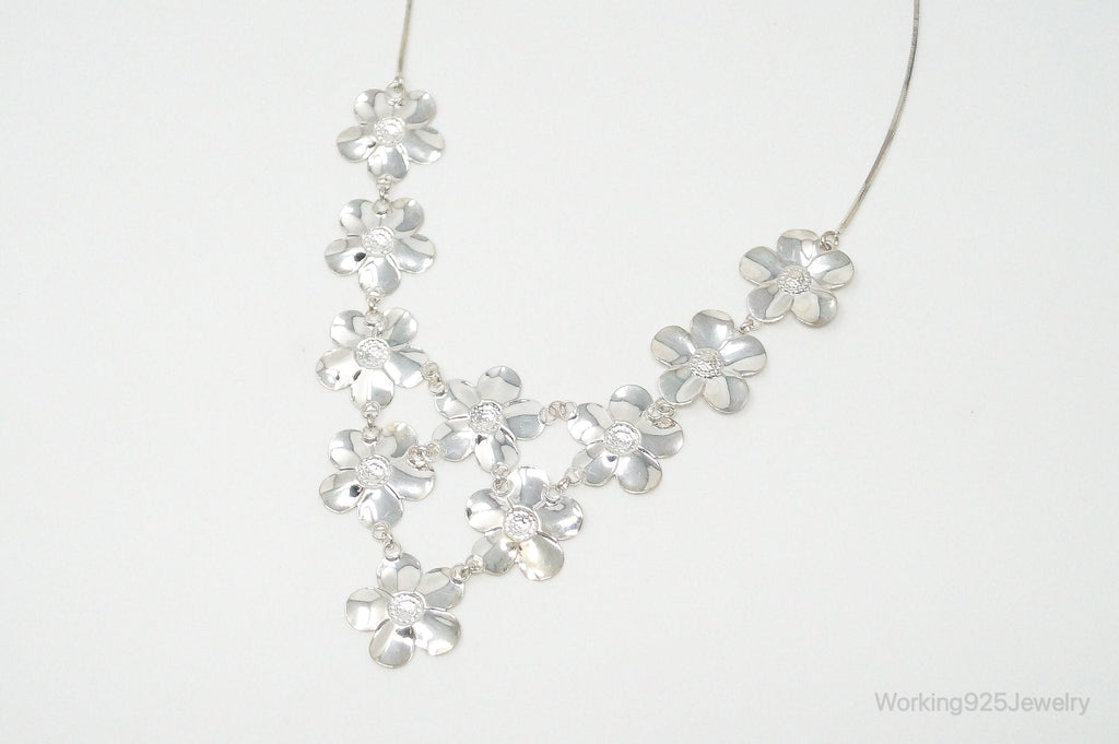 Vintage Italian Designer Paola Valentini Flowers Bib Sterling Silver Necklace