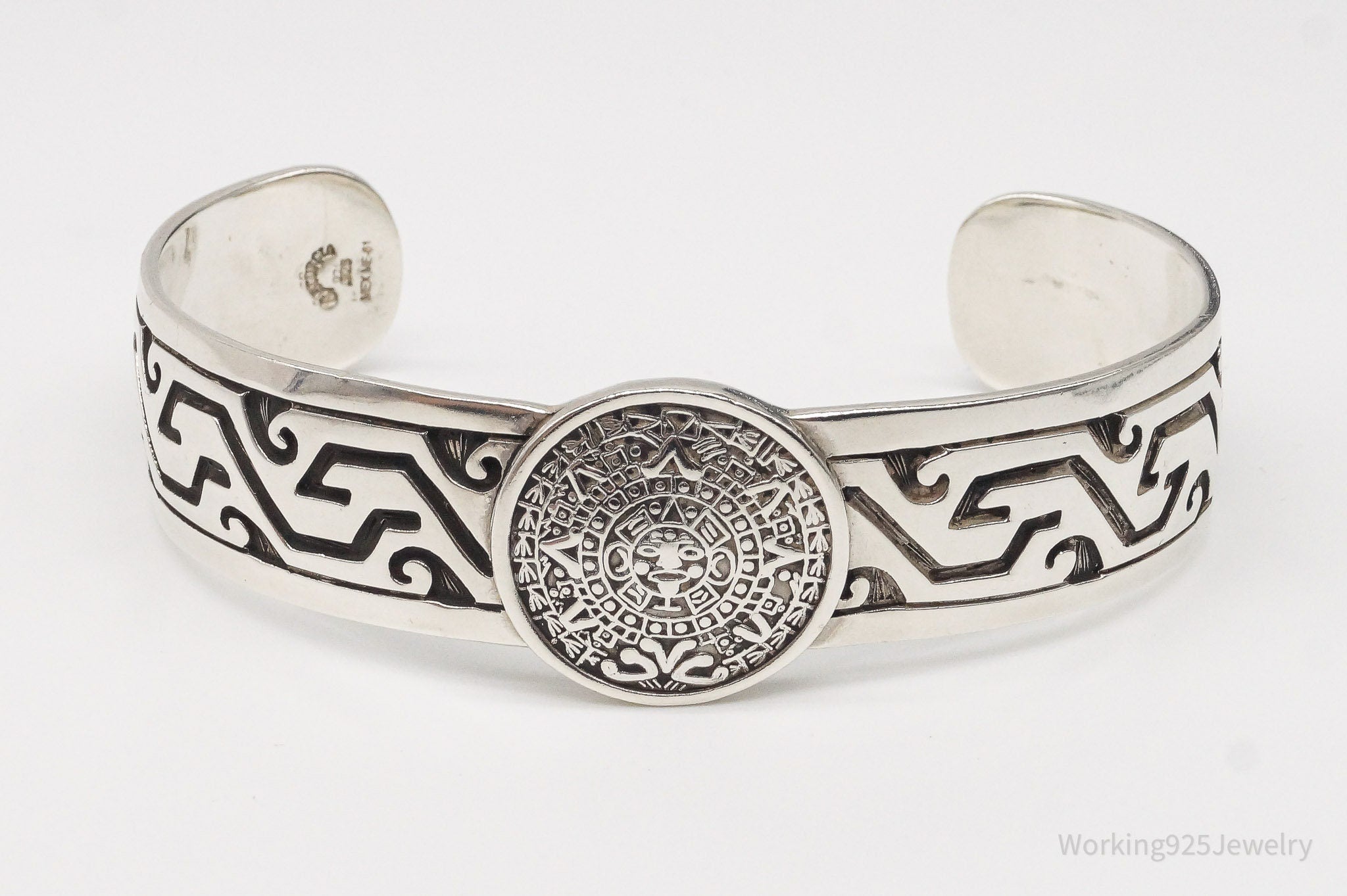 Vintage Escorcia Mexico Mayan Calendar Sterling Silver Cuff Bracelet