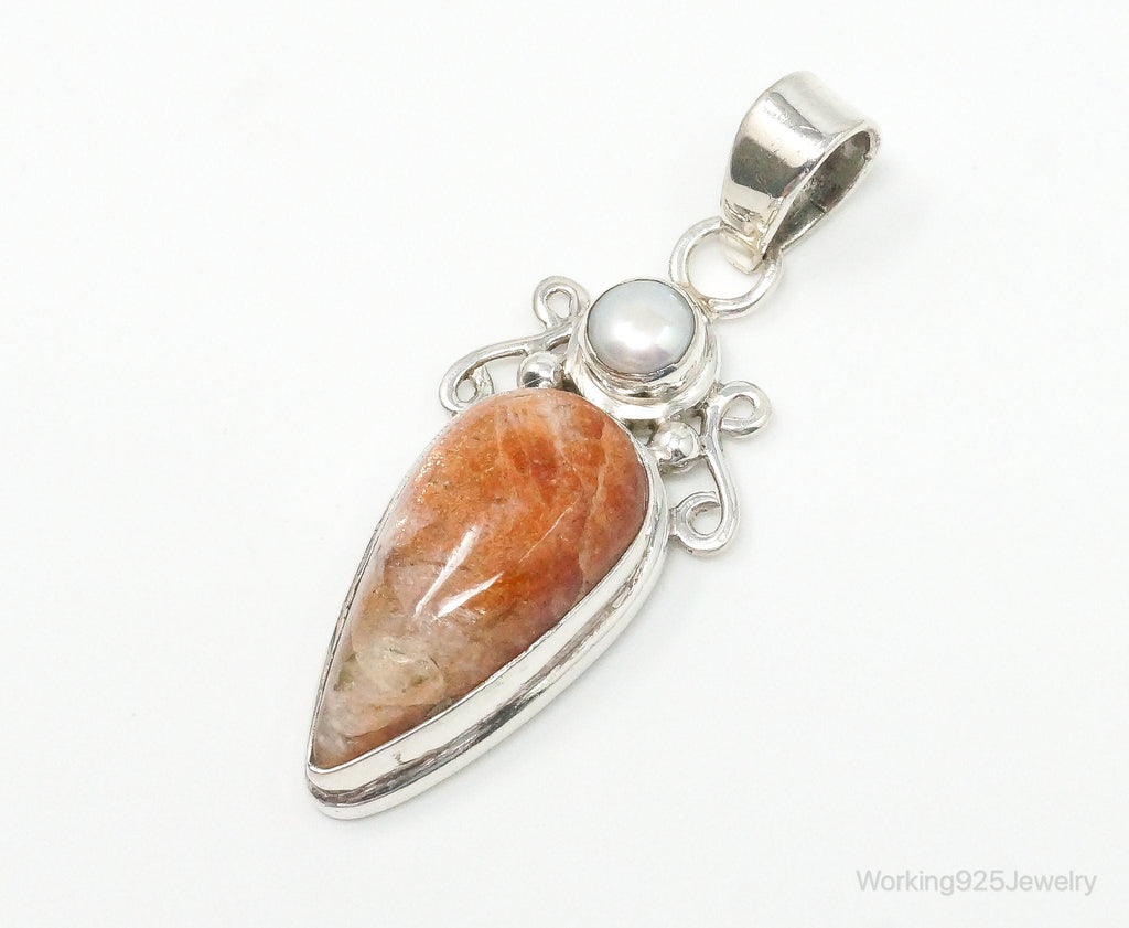 Large Vintage Sunstone Pearl Sterling Silver Pendant