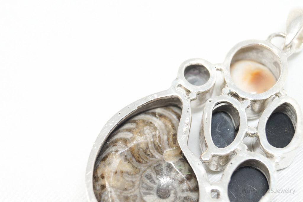 Vintage Large Fossil Shell Mystic Topaz Sterling Silver Abalone Necklace Pendant