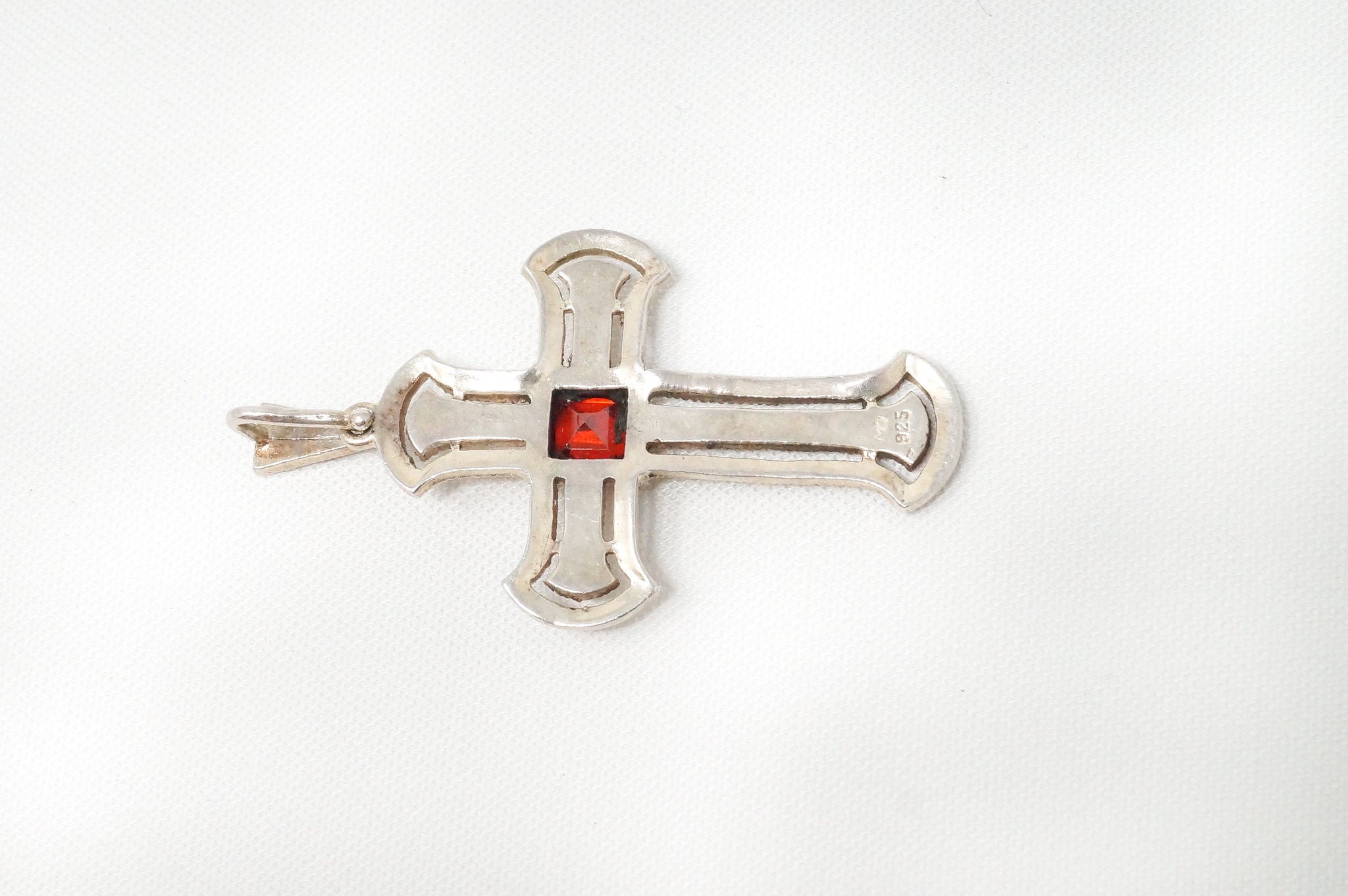 Vintage Garnet Marcasite Cross Sterling Silver Necklace Pendant