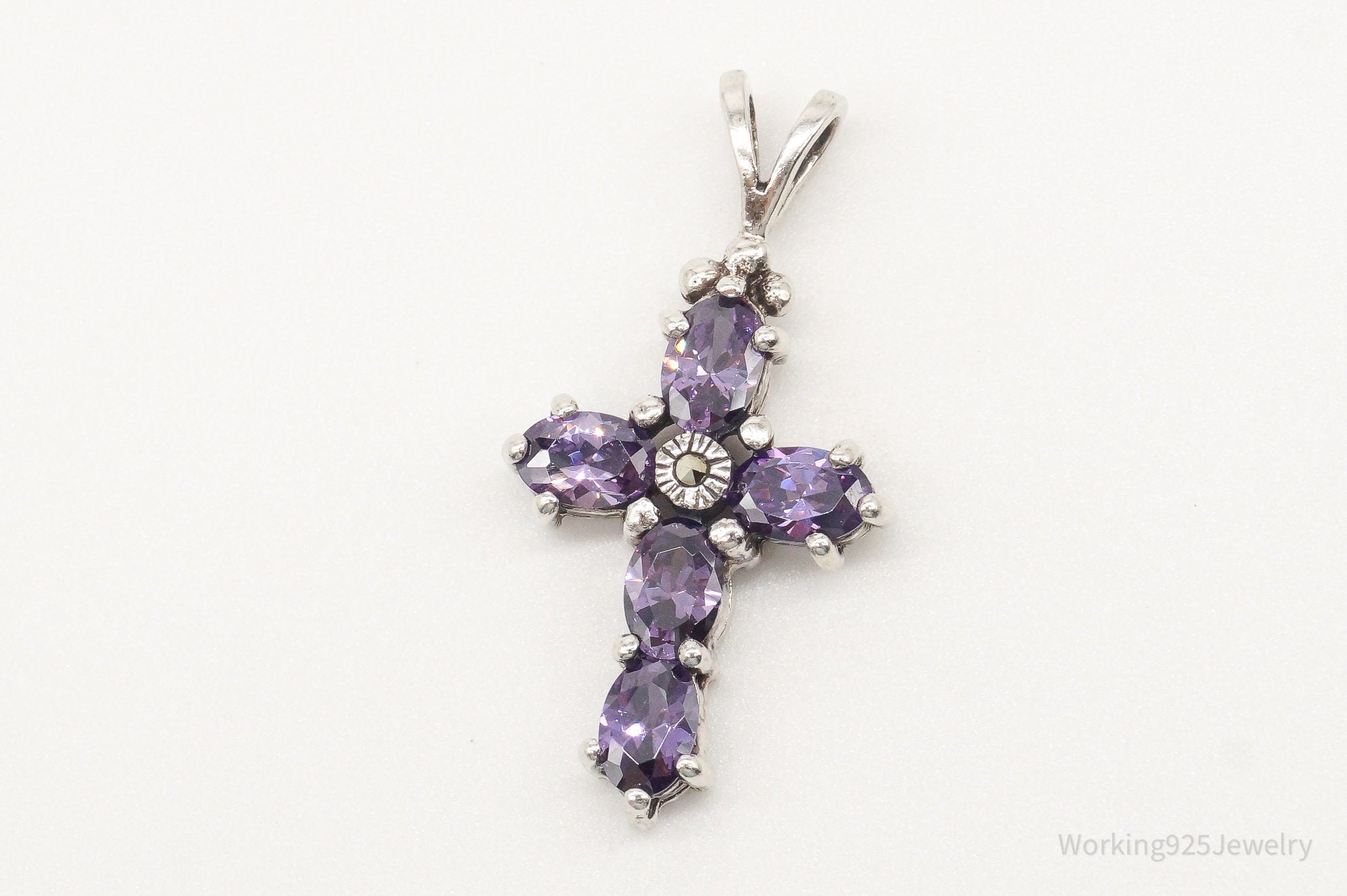 Vintage Purple Cubic Zirconia Marcasite Cross Sterling Silver Pendant