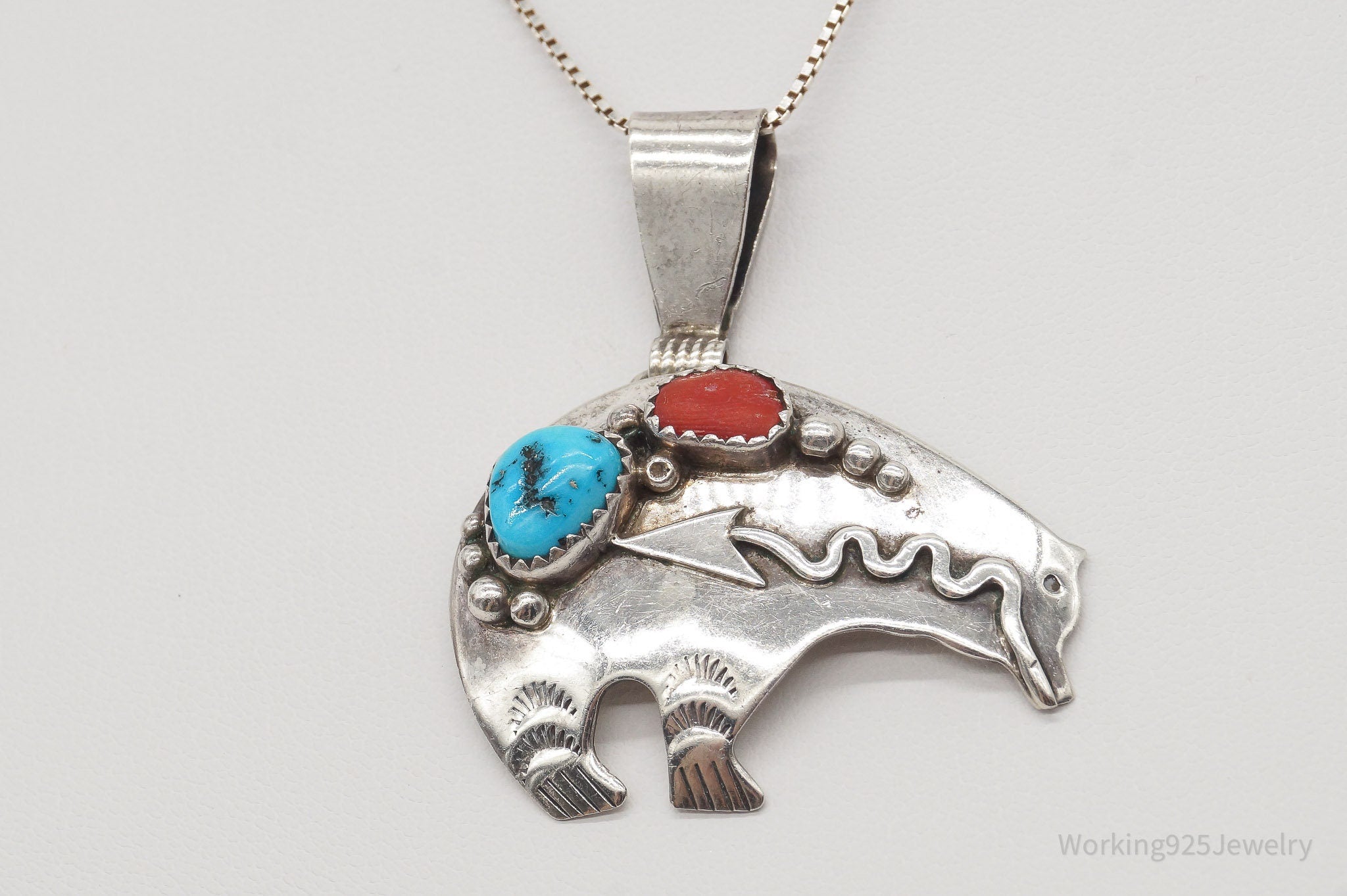 Vintage Native American Richard Begay Turquoise Coral Sterling Silver Necklace