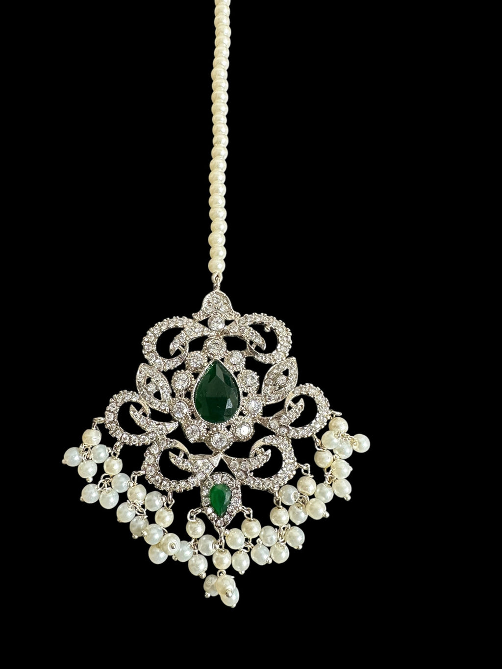 Raaga zircon earring tika set in green with silver plating ( SHIPS IN 4 WEEKS  )