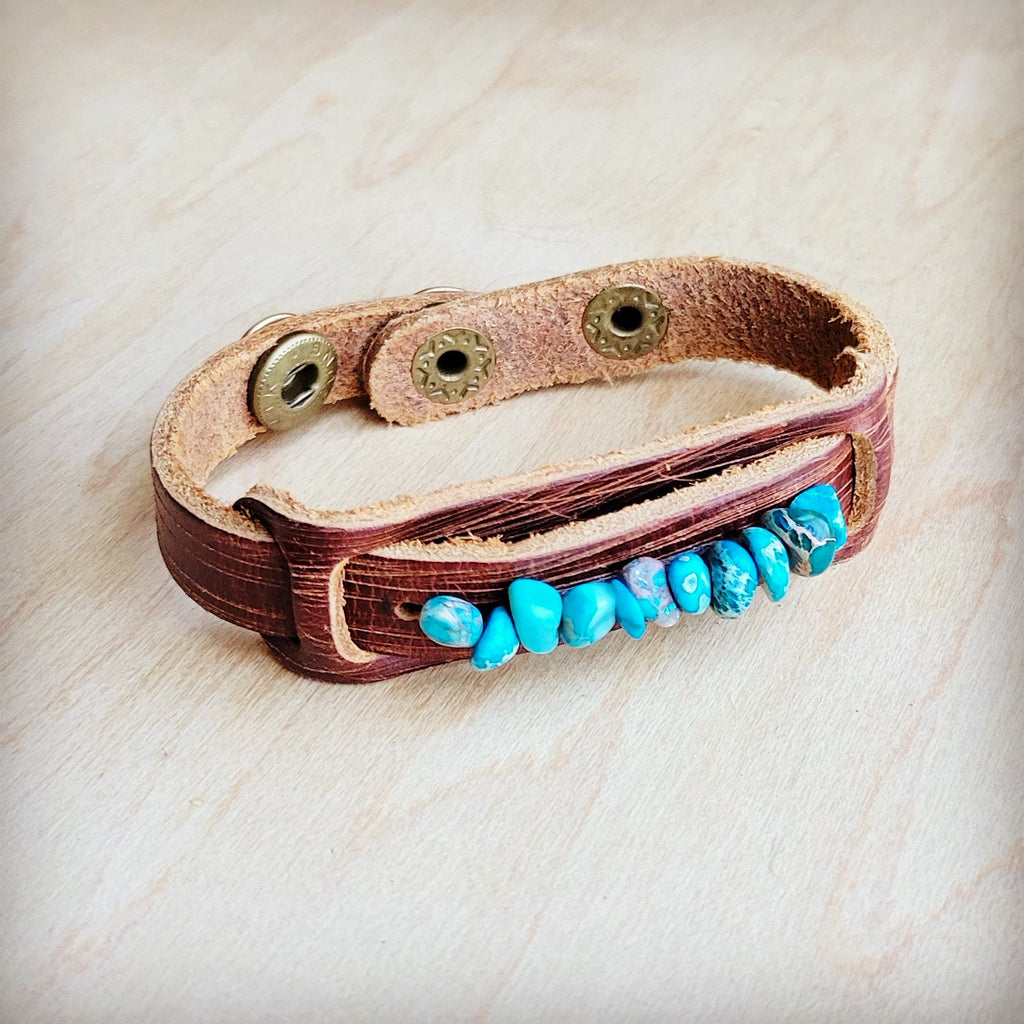 Genuine Leather Narrow Cuff with Turquoise Regalite Stones 006v