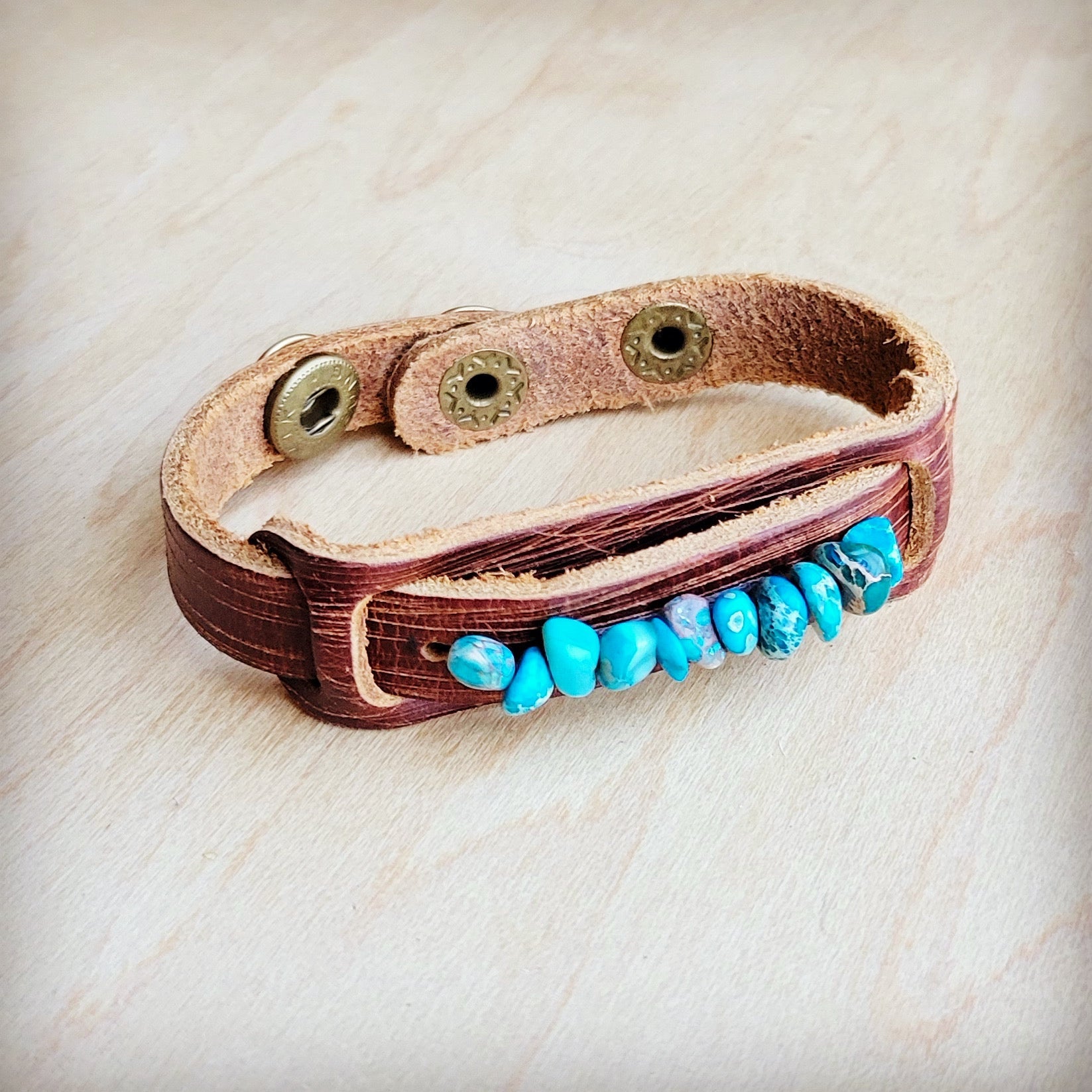 Genuine Leather Narrow Cuff with Turquoise Regalite Stones 006v