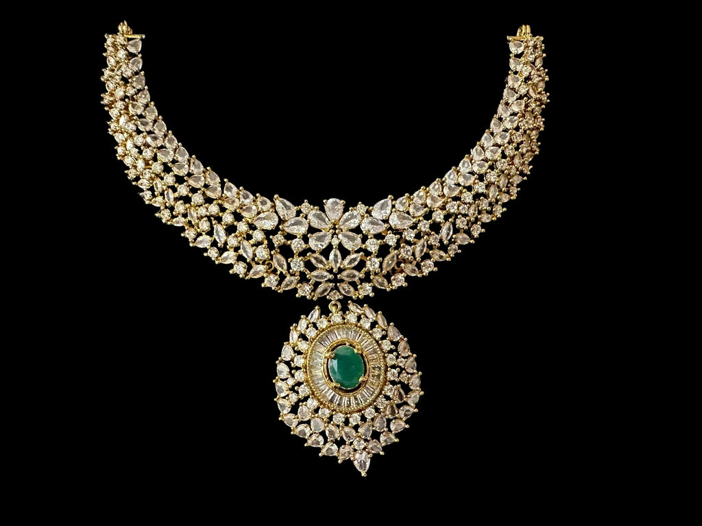 DNS170 Cz necklace set with earrings - Emerald green centre stone    (READY TO SHIP)