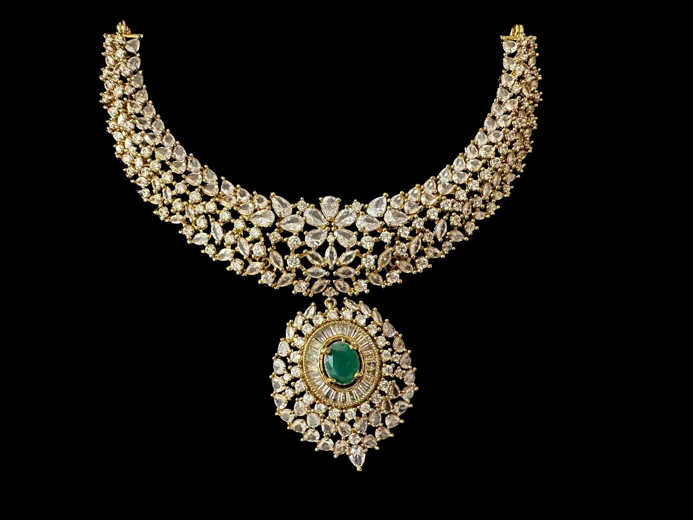 DNS170 Cz necklace set with earrings - Emerald green centre stone    (READY TO SHIP)