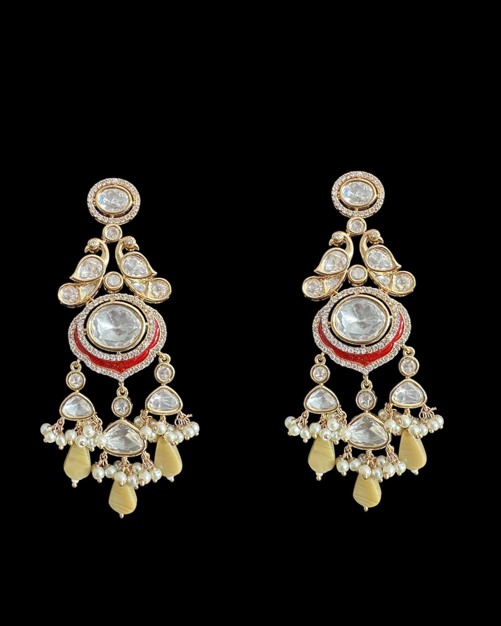 DER784 Polki dangler earrings - beige/red ( READY TO SHIP )