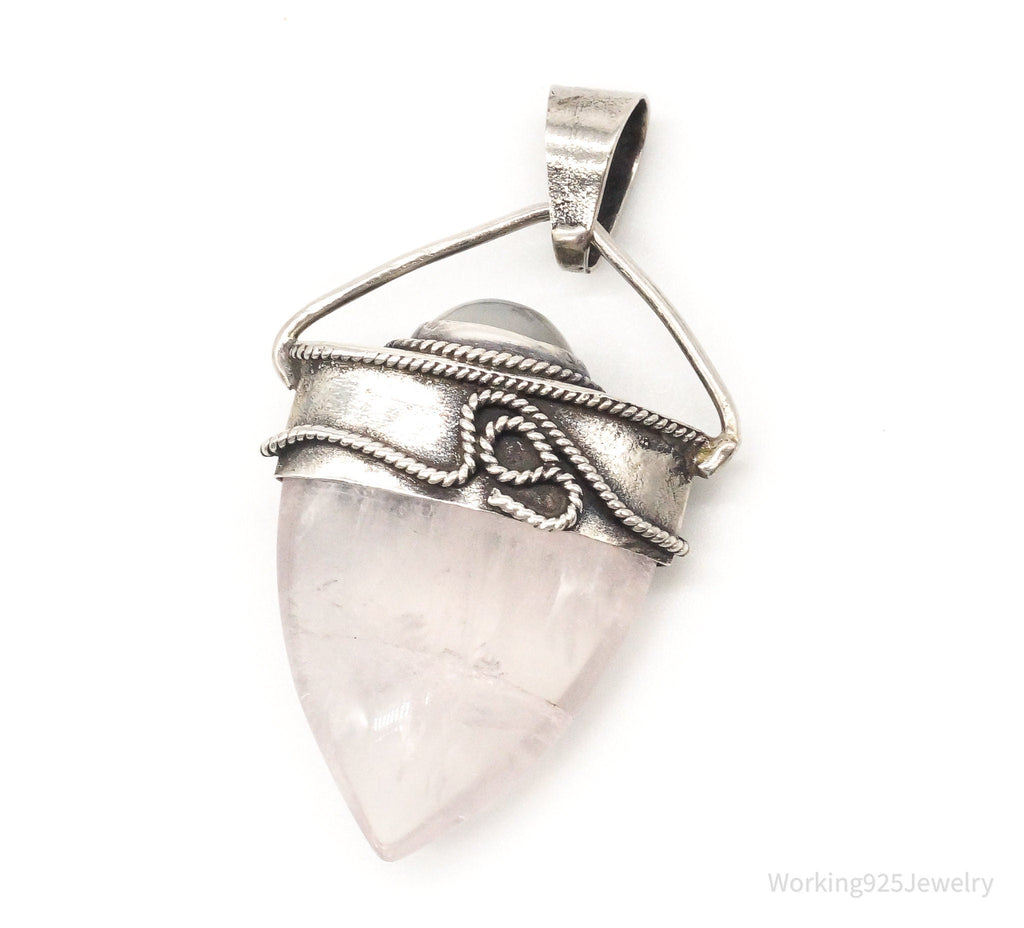 Vintage Large Rose Quartz White Moonstone Sterling Silver Pendant