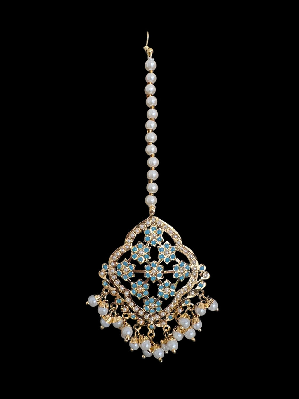 Mehru Jadau chandbali earrings tika in turquoise/feroza pearls ( READY TO SHIP )