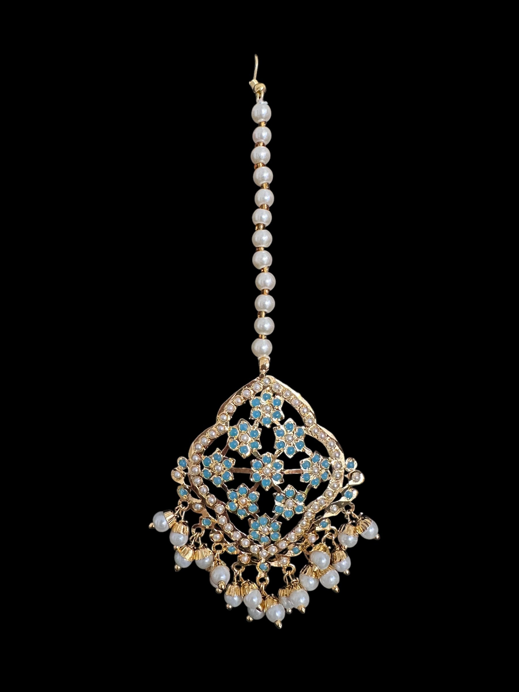 Mehru Jadau chandbali earrings tika in turquoise/feroza pearls ( READY TO SHIP )