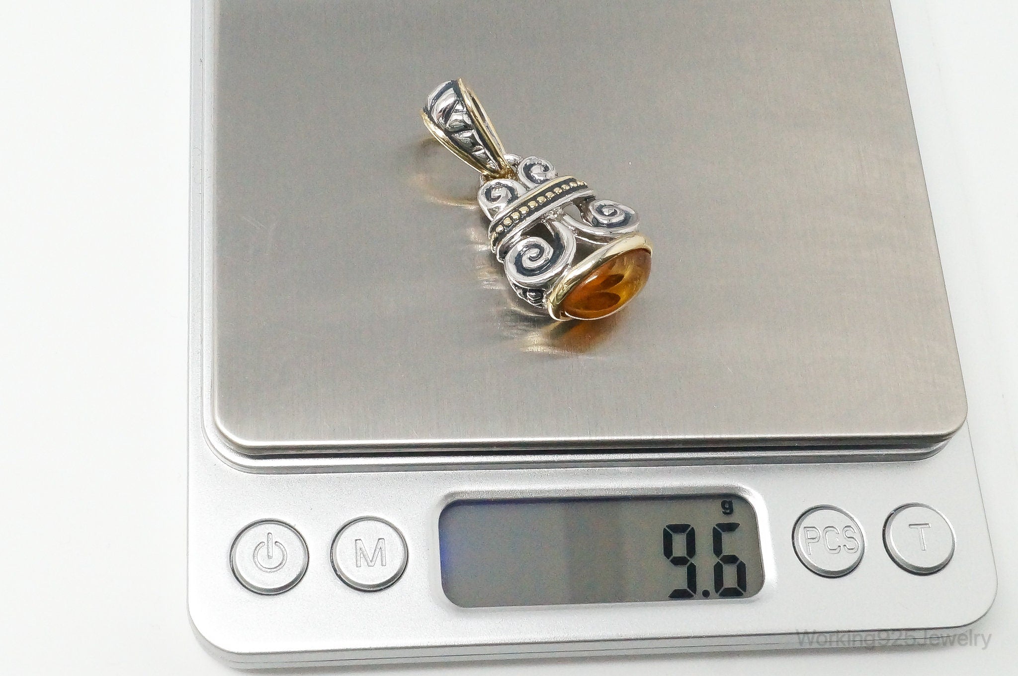 Large Vintage Amber Gold Vermeil Sterling Silver Necklace Pendant