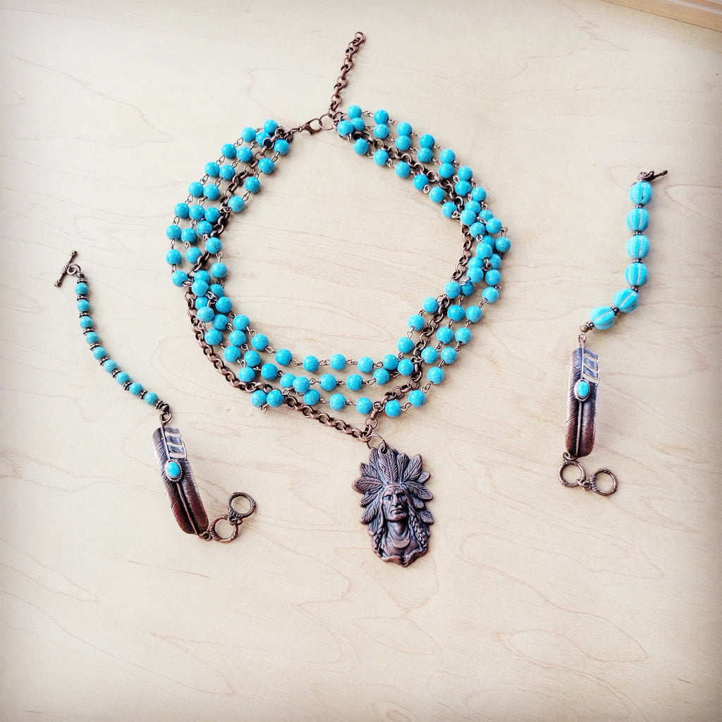 Round Blue Turquoise Beaded Bracelet on Copper Feather 810t