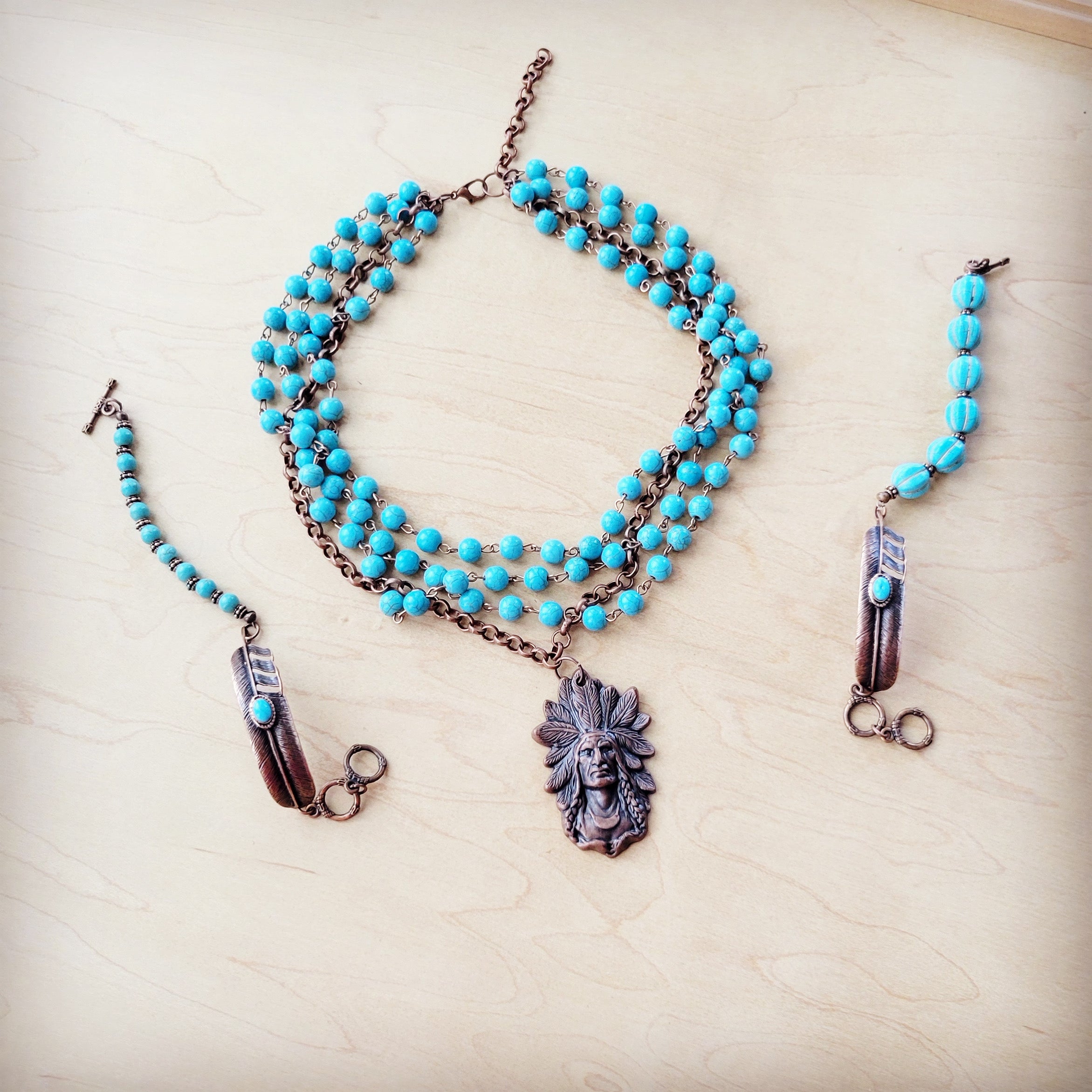 Blue Melon Turquoise Beaded Bracelet on Copper Feather 810u