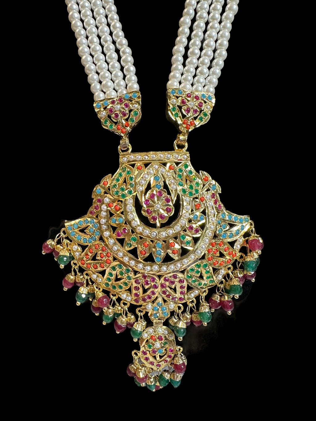 DLN91 jadau rani haar in navratan with pearls  ( READY TO SHIP )