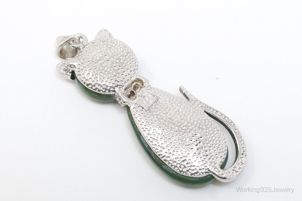 Large Kitten Cat Nephrite Cubic Zirconia Sterling Silver Necklace Pendant