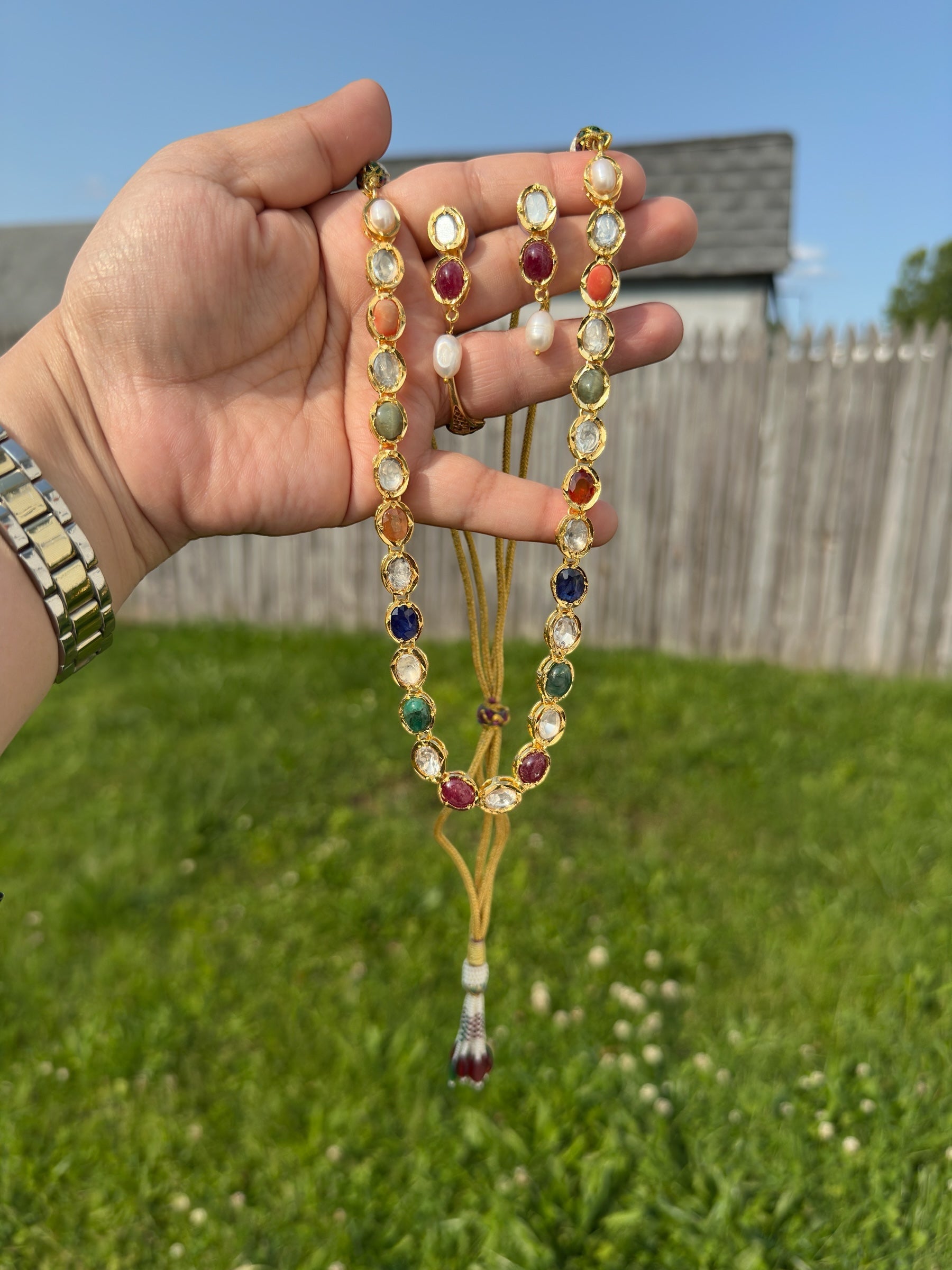 DNS205 Bhanu navratan necklace with earrings in real gemstones ( READY TO SHIP )