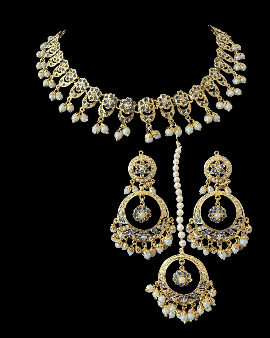 DNS202 sapphire pearl jadau necklace set with tika ( READY TO SHIP )