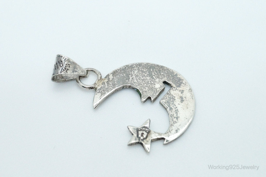 Large Vintage Mexico Turquoise Sterling Silver Moon Necklace Pendant