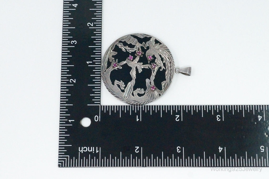 Vintage Large Ruby Black Onyx Etched Birds In Nature Sterling Silver Pendant