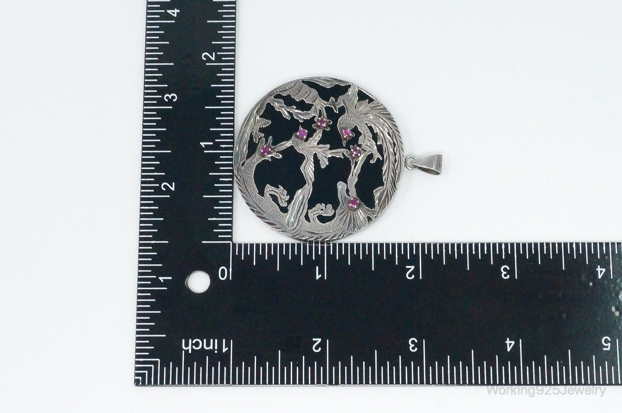 Vintage Large Ruby Black Onyx Etched Birds In Nature Sterling Silver Pendant