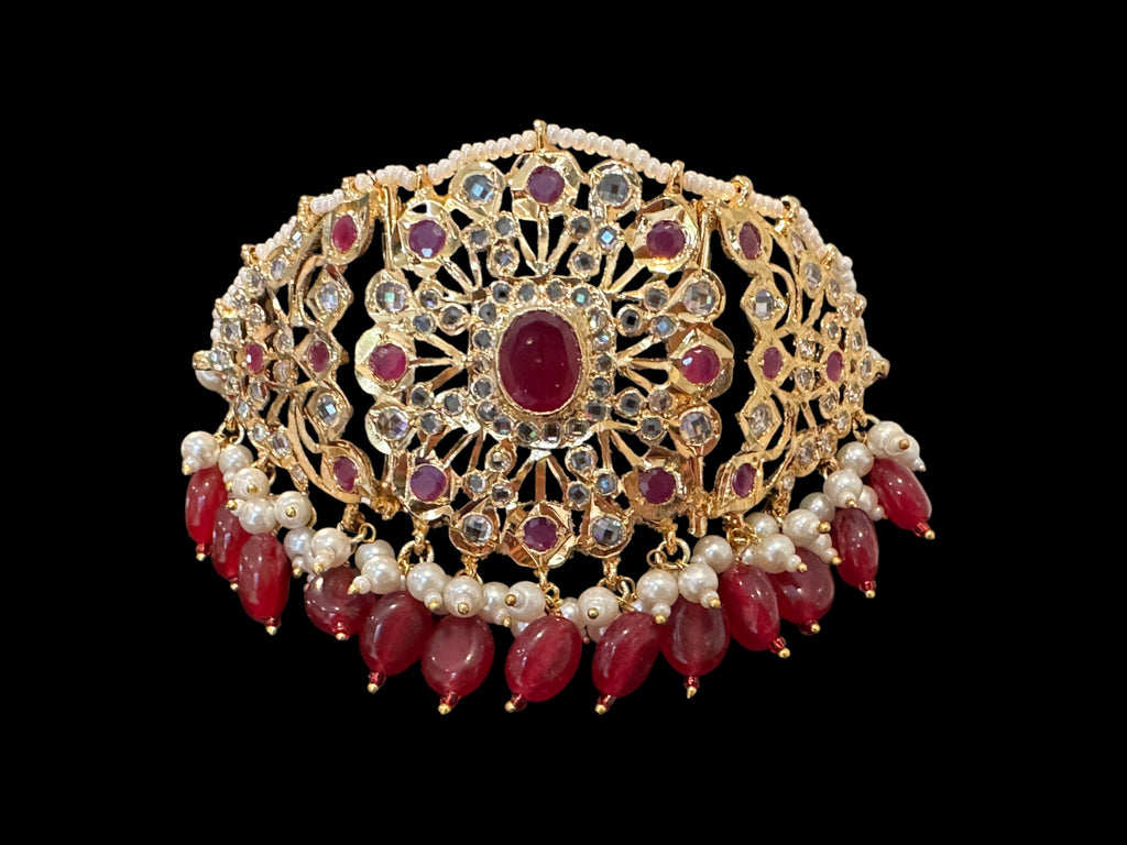 C333 Hyderabadi  choker set in pearls  and ruby with jhumka ( SHIPS IN 4 WEEKS )