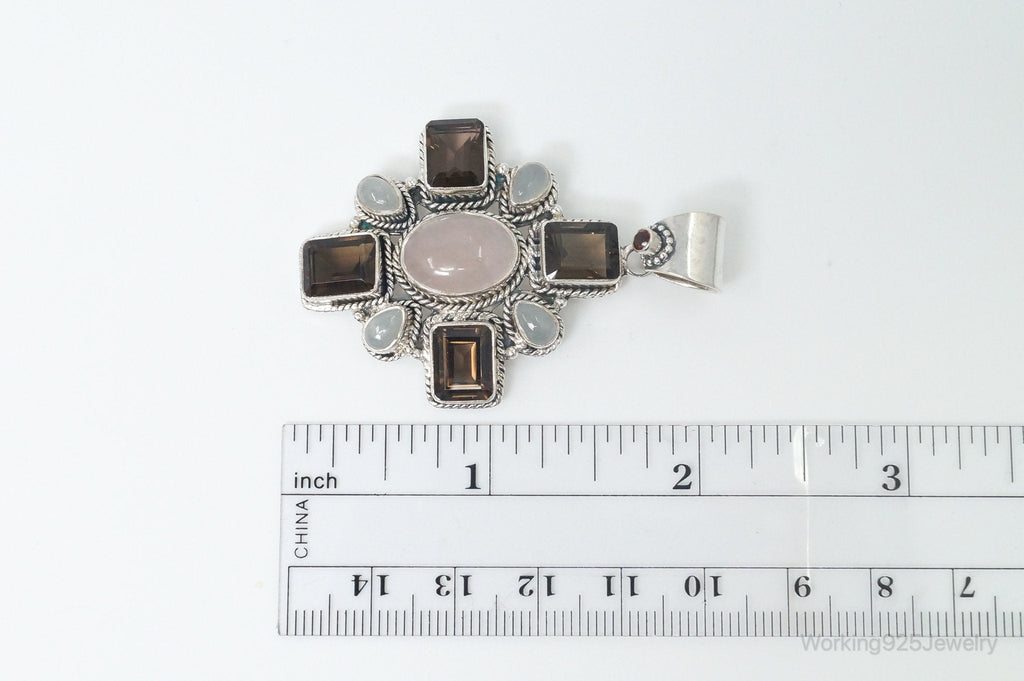 Vintage Smoky Topaz Rose Quartz Southwestern Cross Sterling Silver Pendant