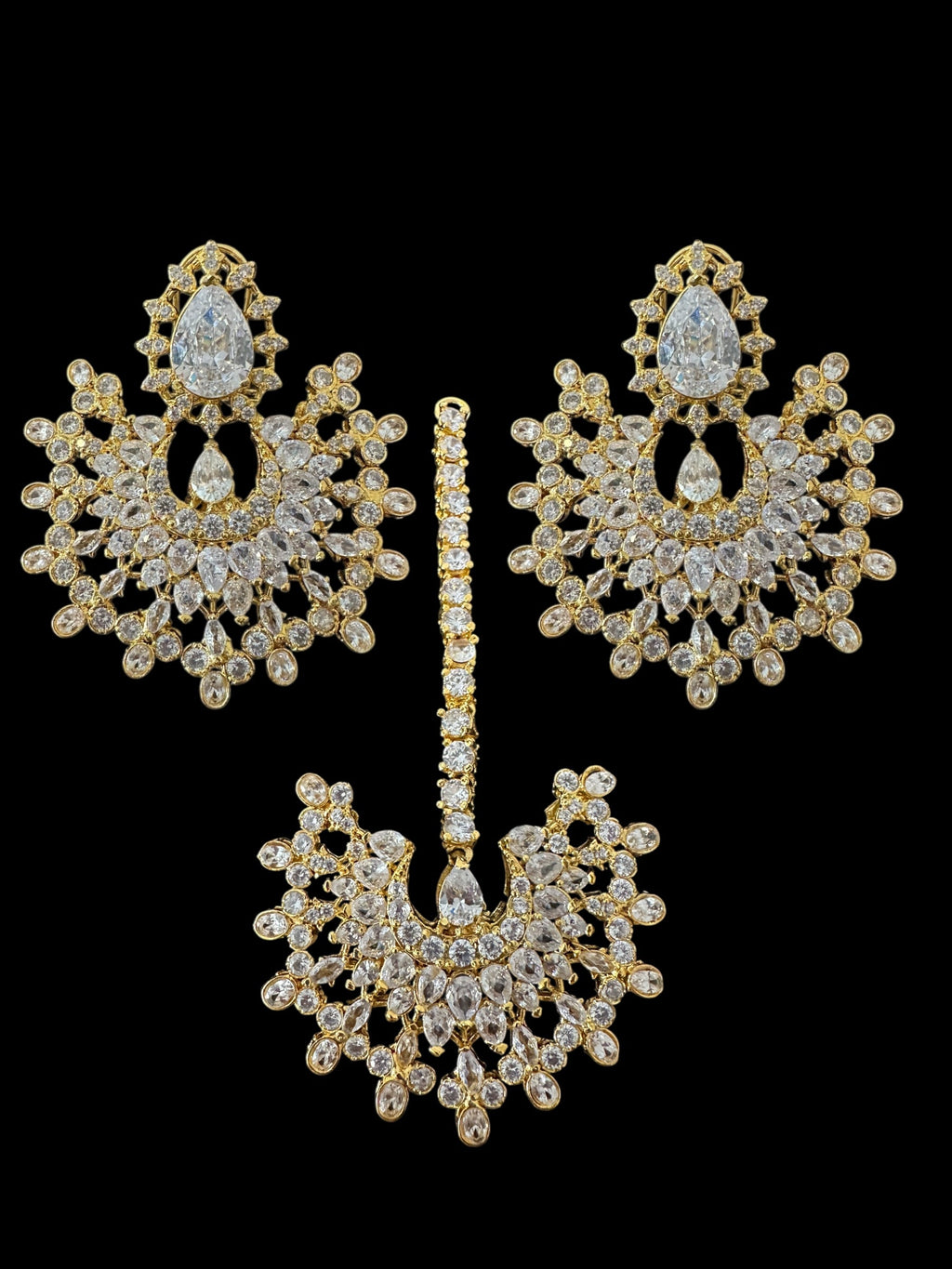 Subhana gold plated chandbali earrings tika set  -clear  ( READY TO SHIP )