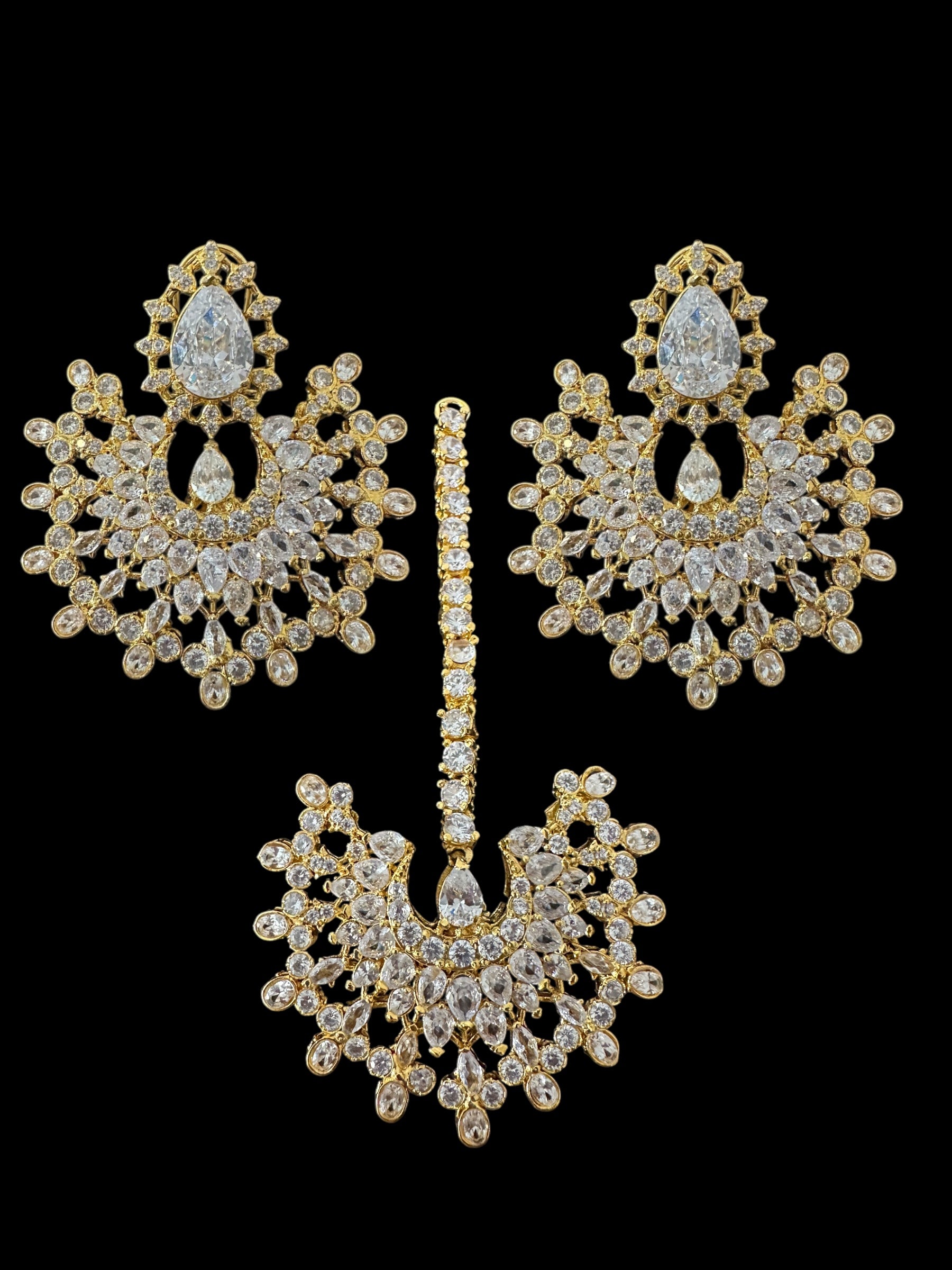 Subhana gold plated chandbali earrings tika set  -clear  ( READY TO SHIP )