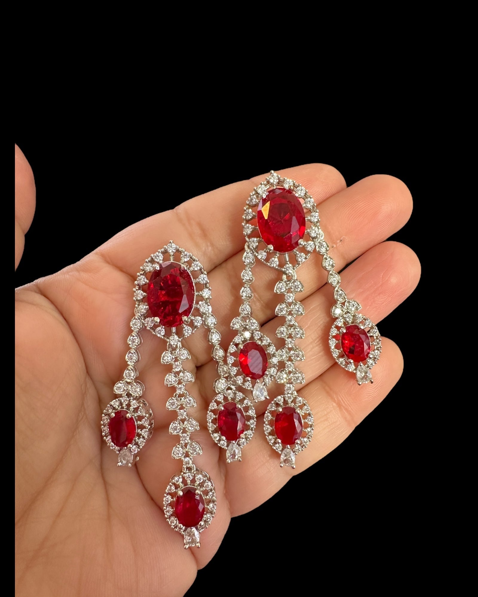 DER770  cz earrings  - Ruby, silver plated  ( READY TO SHIP )