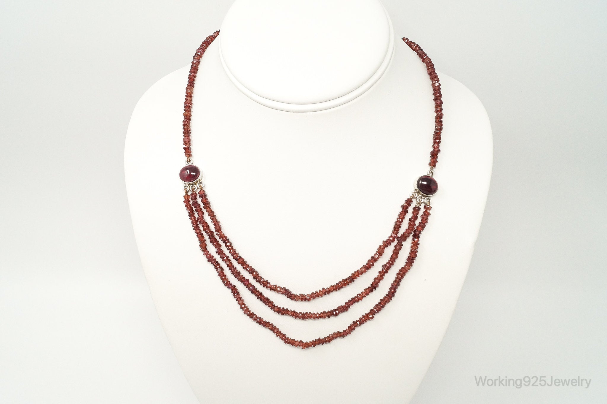 Vintage Garnet Bali Style Bead Strand Sterling Silver Necklace