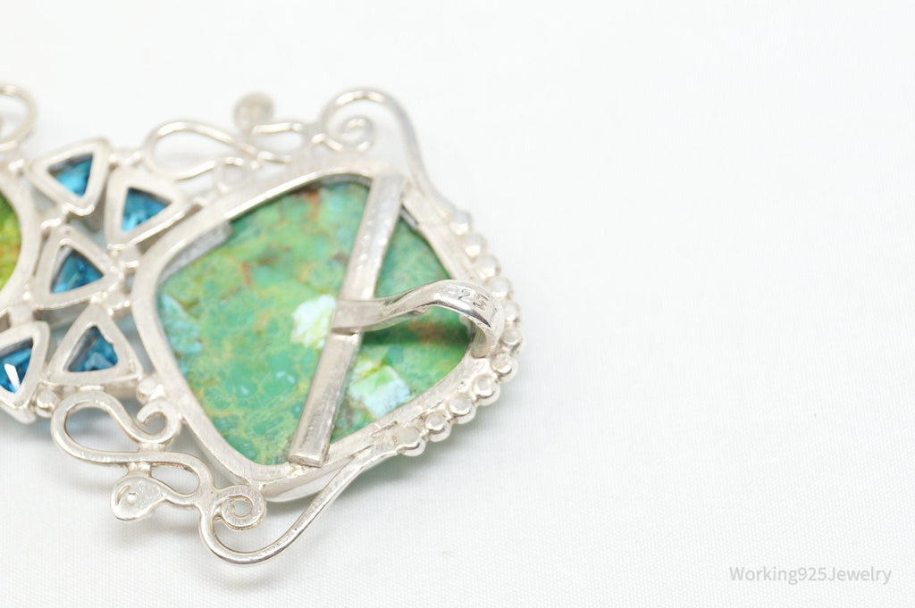 Vintage Large Green Turquoise Blue Topaz Sterling Silver Necklace Pendant