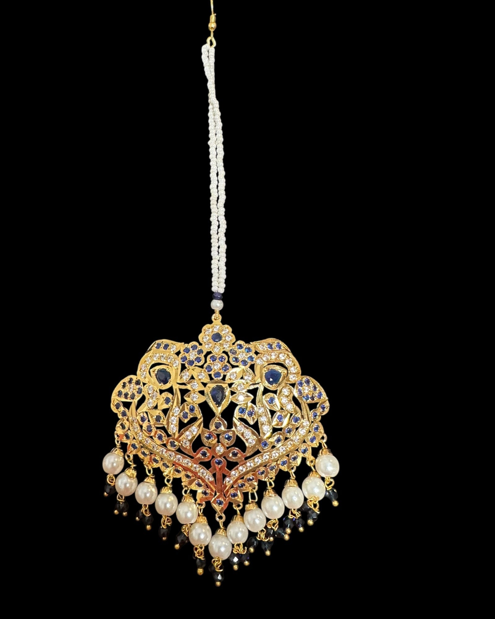 DNS204 Neeli jadau necklace with earrings tika in sapphire zircon(READY TO SHIP  )