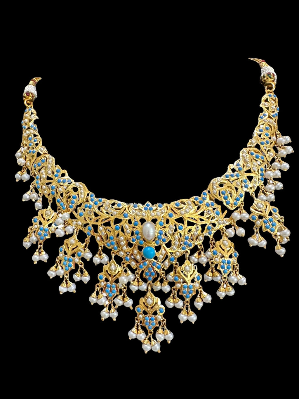 Turquoise pearl/ feroza pearl gold plated silver necklace with earrings ( READY TO SHIP )